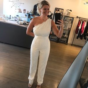 Eliza J White Lace One Shoulder Jumpsuit